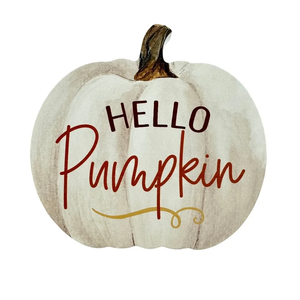 Hello Pumpkin Wooden Sign Fall Autumn Farmhouse Decor White Pumpkin Block Sign